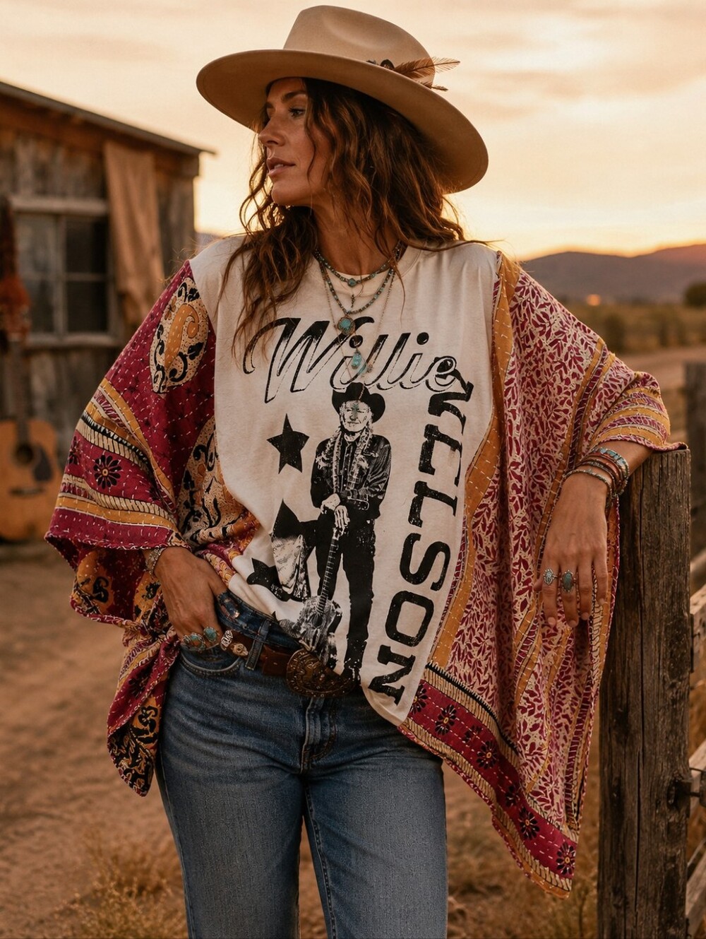 Upcycled Willie Nelson Band Tee With Kantha Sleeves, OS - Picture 1 of 6